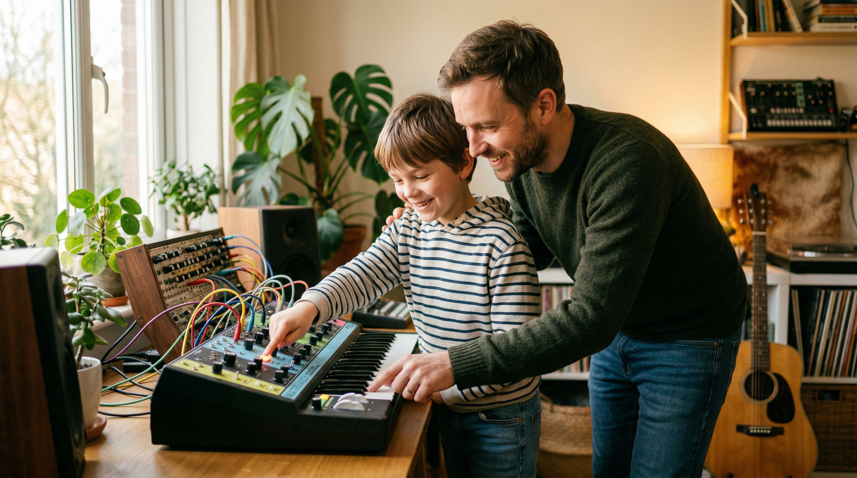 Mentor und Kind am Synthesizer